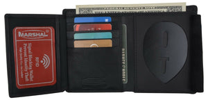 Black RFID Genuine Leather Badge ID Holder Trifold Wallet-menswallet