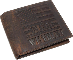 Distressed Vintage Leather Patriotic American Flag Wallet - Western Style ‘IN GOD WE TRUST’ RFID Blocking Leather US Flag Men's Bifold Wallet (Vintage Black)-menswallet