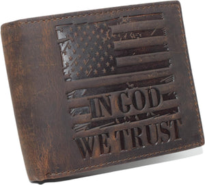 Distressed Vintage Leather Patriotic American Flag Wallet - Western Style ‘IN GOD WE TRUST’ RFID Blocking Leather US Flag Men's Bifold Wallet-menswallet