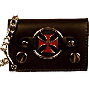 Genuine Leather Trifold Biker's Wallet ID Card Holder w/ Chain Red Chopper Cross 1046-8 (C)-menswallet