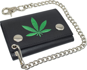 Marijuana Leaf Men's Tri-fold Biker Cowhide Leather RFID Blocking Steel Chain Wallet Snap closure-menswallet