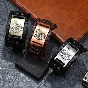 Marshal Men's Genuine Leather Bracelet Hip Hop Hand Jewelry Vintage Handmade Braided Wolf Punk Leather Bracelet-menswallet