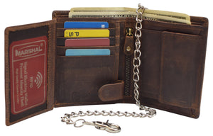 Men's Chain Biker Vintage Leather RFID Blocking European Style Bifold Trifold Wallet with ID Window-menswallet