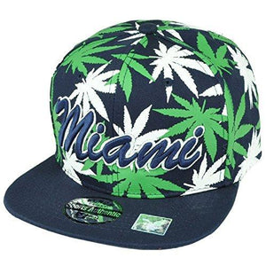 Miami Florida Sunshine State Marijuana Navy Blue Weed Snapback Flat Bill Hat Cap-menswallet
