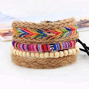 Marshal 4pcs Men Women Linen Hemp Cords Wood Beads Ethnic Tribal Adjustable Bracelets Wristbands-menswallet