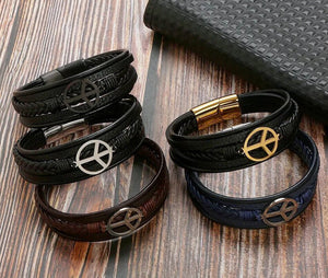 Marshal Peace Sign Mens Leather Bracelet with Clasp Cowhide Multi-Layer Braided Leather Mens Bracelet-menswallet