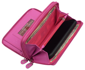 RFID Blocking Double Zipper Smartphone Genuine Leather Large Women's Wallet Hot Pink-menswallet