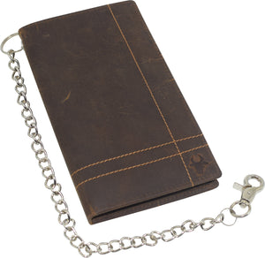 RFID Blocking Bifold Vintage Leather Credit Card ID Holder Long Steel Chain Wallet-menswallet