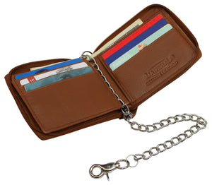 Men's Zipper RFID Blocking Premium Leather Zip-Around ID Bifold Biker Chain Wallet-menswallet