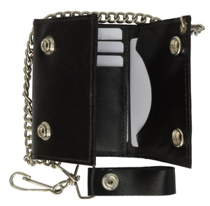 Black Genuine Leather Biker's Wallet Card Holder w/ Chain Trifold New-menswallet