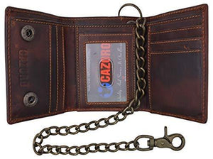 RFID Safe Vintage Brown Leather Biker Trifold Chain Wallet with Chain Trucker-menswallet