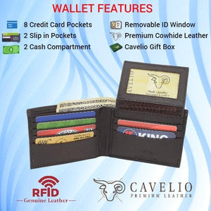 Cavelio RFID Real Leather Wallets for Men - Bifold Removable ID Holder Men's Wallet with Gift Box (Brown)-menswallet
