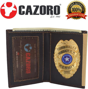 CAZORO Personalized Wallet RFID Blocking Vintage Leather Bi-Fold Badge Holder Wallet Shield Style with ID window-menswallet
