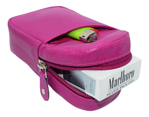 Genuine Leather Zipper Around Cigarette Case Holder and Lighter Pouch for Men & Women 100's (Hot Pink)-menswallet