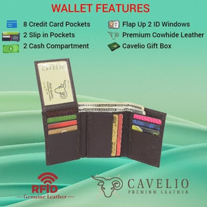 Cavelio RFID Blocking Trifold Cowhide Leather Wallet for Men with Flap Up ID Holder (Brown)-menswallet