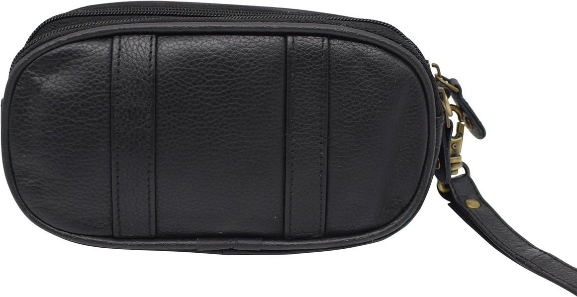 Marshal Wallet Black Genuine Leather Double Zippered Glasses Case Phone Holder with Belt Loops & Wristlet Leather Strap-menswallet