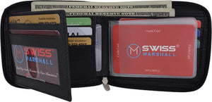 Swiss Marshall Men's Zipper RFID Blocking Premium Leather Zip-Around ID Bifold Wallet (Brown)-menswallet