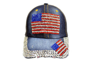 American Flag Rhinestone Jeans Denim Baseball Adjustable Bling Hat Cap-menswallet