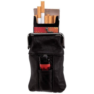 BLACK Genuine LEATHER LIGHTER & CIGARETTE CASE Smoke Tobacco Pocket Holder Pouch-menswallet