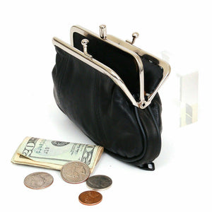Black Genuine Leather Woman Coin Purse Double Frame Change Wallet New-menswallet