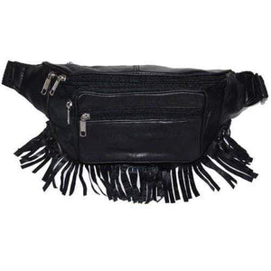 Black Genuine Leather Zippered Pockets Waist Fanny Pack 605 (C)-menswallet