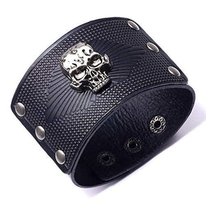 Black Punk Style Black Leather Alloy Biker Cuff Bracelet Wristband Skull Head Style Design for Men Women-menswallet