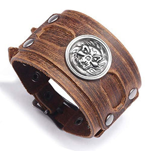 Brown Genuine Leather Handmade Wide Size Bracelet with Skull Head Charms Snap Button Clasp New Men's Bangle Jewelry Bracelet-menswallet