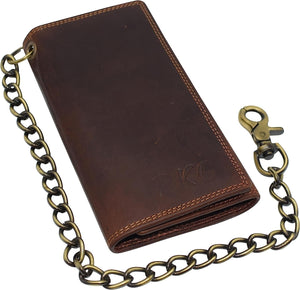 CAZORO Personalized Bikers RFID Safe Cow Vintage Leather Brown Long Checkbook Trifold Chain Wallet for Men-menswallet