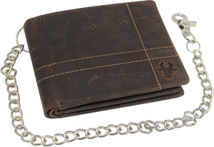 CAZORO RFID Blocking Men's Bi-Fold Style Cowhide Leather Steel Chain Wallet, Genuine Vintage Leather-menswallet