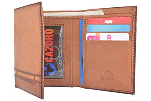 Cazoro Genuine Leather Mens RFID Blocking Slim Trifold Wallet 8 Cards 1 ID Window 2 Bill Pockets-menswallet