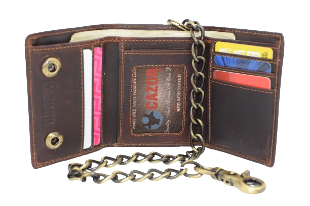 Personalized Biker Wallet RFID Vintage Leather Brown Trifold Chain Wallet for Men-menswallet