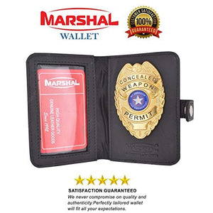 Genuine Leather Bifold Badge ID Holder with Snap Closure-menswallet
