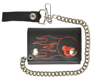 Genuine Leather Chain Trifold Biker Wallet with 8 Ball Long Flames 946-37 (C)-menswallet
