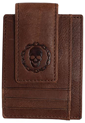 Genuine Leather Front Pocket Magnetic Money Clip Wallet Skull Chain Logo with Strong Magnet-menswallet