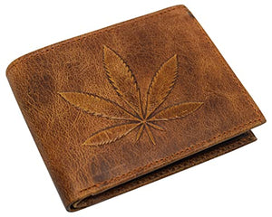 Genuine Leather Men's Marijuana Leaf Logo RFID Blocking Bifold Wallet-menswallet