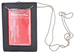 Genuine Leather Neck Chain Double ID Badge Holder, Black-menswallet
