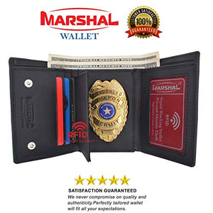 Genuine Leather RFID Blocking Police Badge Holder Trifold Wallet Black with Snap Closure-menswallet