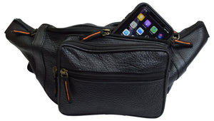Genuine Pebbled Leather Fanny Pack Black Multiple Pockets Waist Bag Travel Hiking Sports-menswallet