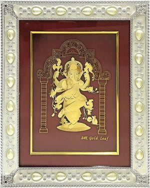 Gold Leaf Picture in Frames Dancing Ganesh ji 12"x10"-menswallet
