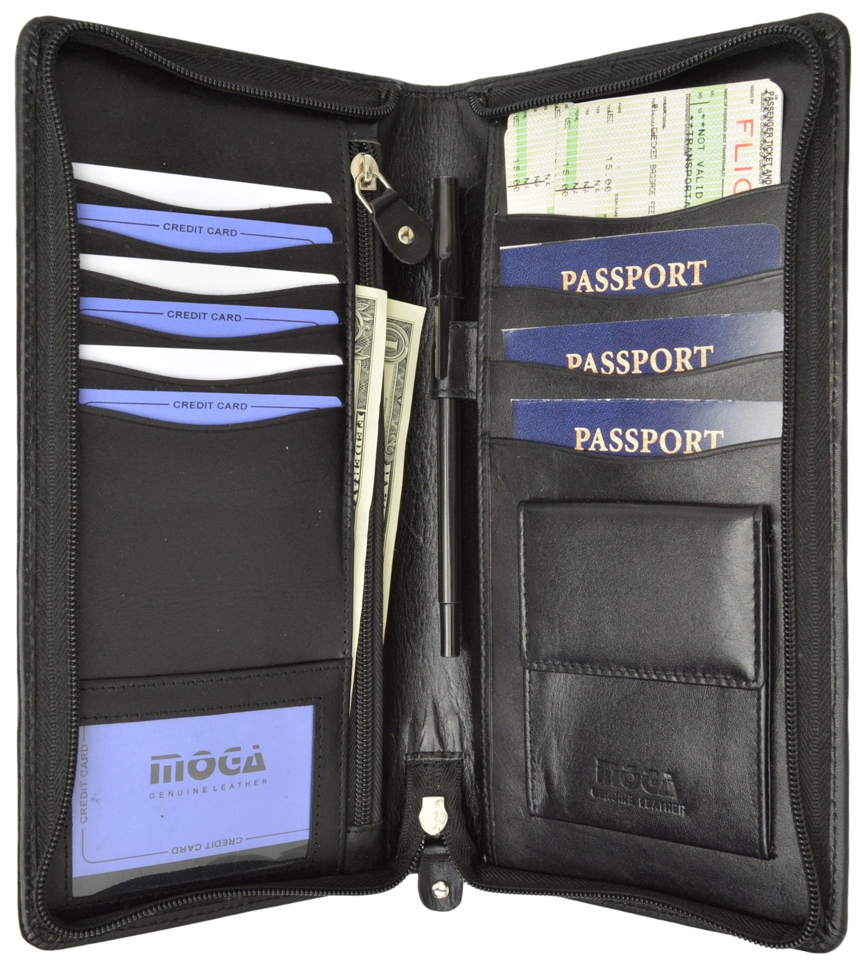 Leather Wallet Bag, Multi Passport Cash Receipt Holder