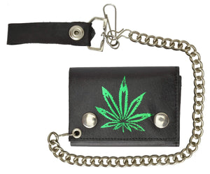 Marijuana Leaf Imprint Genuine Leather Biker Trifold Wallet 946-9 (C)-menswallet