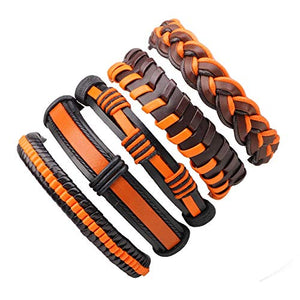 Marshal 5 PCS Braided Leather Bracelet Punk Cuff Wrap Bracelets for Men Women Adjustable Orange/Black-menswallet