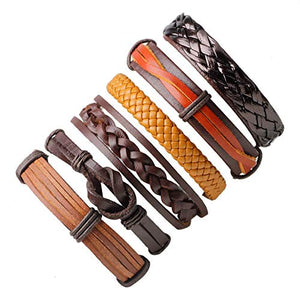 Marshal 6 PCS Leather Wrap Brown Bracelets for Men, Multi Layered Handmade Braided Bracelet Set for Men Leather Wooden Wrap Cuff Bracelet Adjustable Punk Tree of Life Mens Bracelet-menswallet