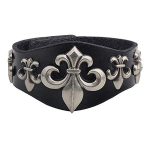 Marshal Black Mens Leather Bracelet Fleur de Lis Bangle Wristband Cuff Bracelets Team Adjustable Snap Button Closure-menswallet