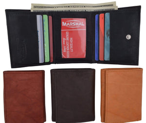 Mens Cowhide Leather ID Card Holder Trifold Wallet with Coin Pouch 2055 CF-menswallet