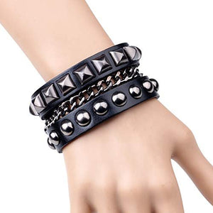 Men's Fashion Punk Rock and Roll Metal Chains Metal Button Adjustable Leather Bracelet-menswallet