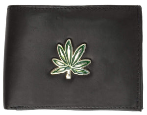 Mens Genuine Leather Bifold ID Card Holder Wallet Marijuana Leaf Design 1146-5 (C)-menswallet
