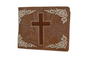 Men's Western Tan Cowboy Cross Design Credit Card ID Holder Bifold Wallet W059-L-BR (C)-menswallet
