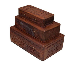 OM SHRI OM Set of 3 Pieces Handmade Wood Jewelry Box Organizer Decorative Floral Design-menswallet