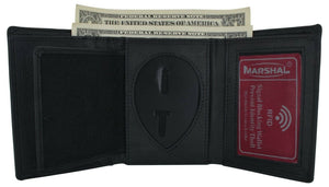 RFID Blocking Genuine Leather Trifold Badge ID Card Holder Wallet Black-menswallet